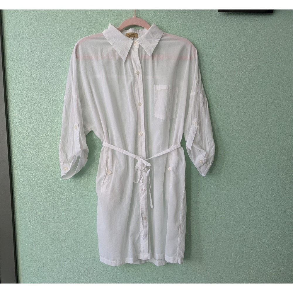 Piko 1988 White Button Up 100% Cotton Organza Overlay Belt Swim Cover Dress